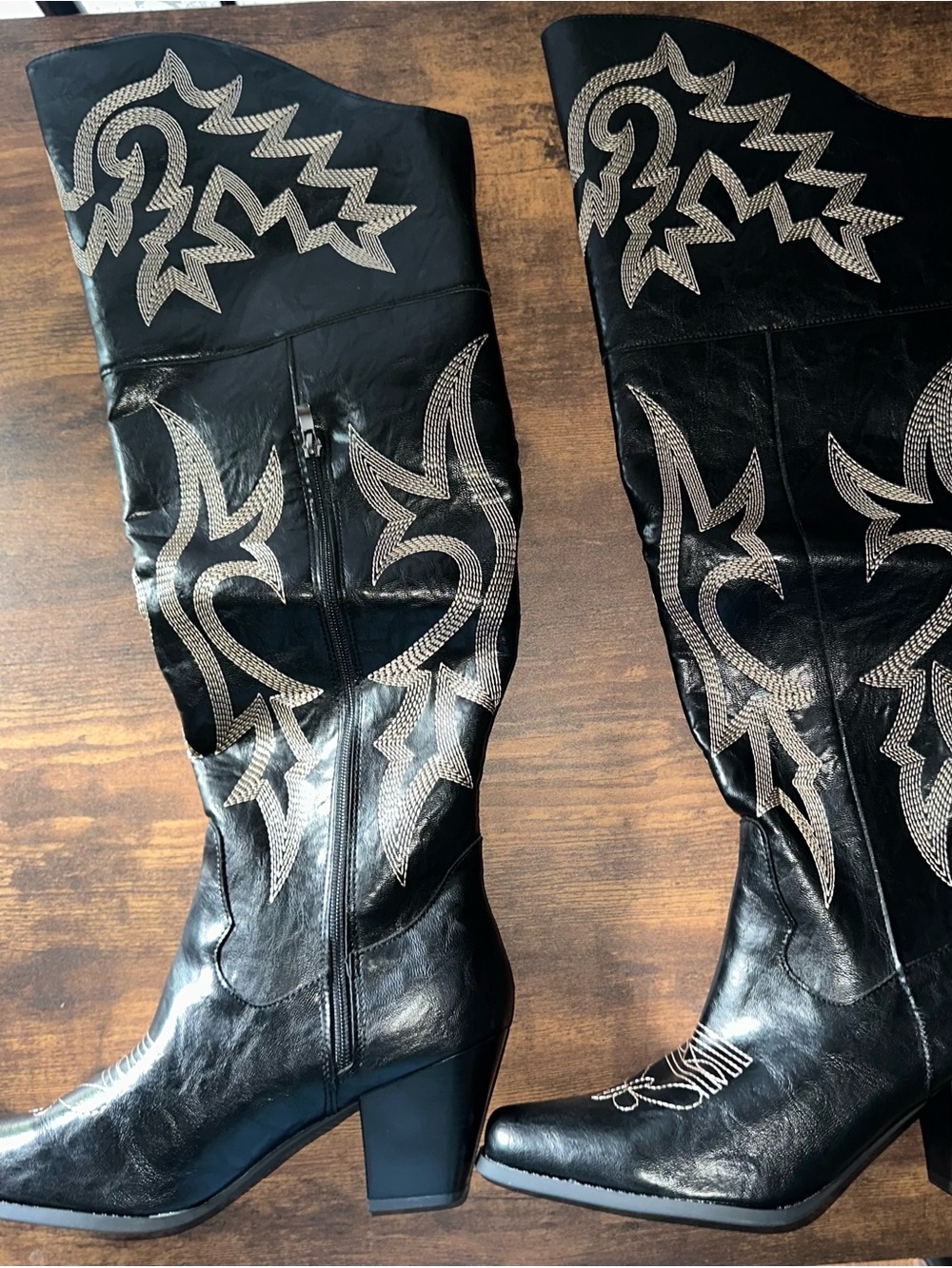 Amazon Black Over-the-Knee Western Boots with Silver Embroidery